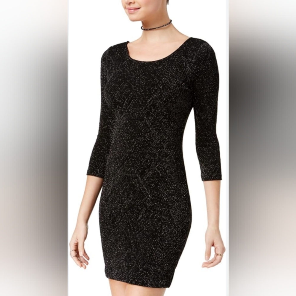 Trixxi Black Metallic Silver Mini Fitted Stretch Open Back Dress Juniors Sz 3